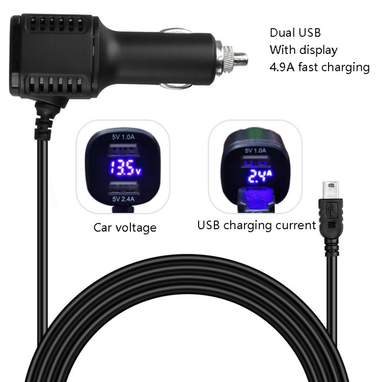 H519 Car Charger Driving Recorder Power Cord Dual USB With Display Charging Line, Specification:, Mini Straight, Mini Right Elbow