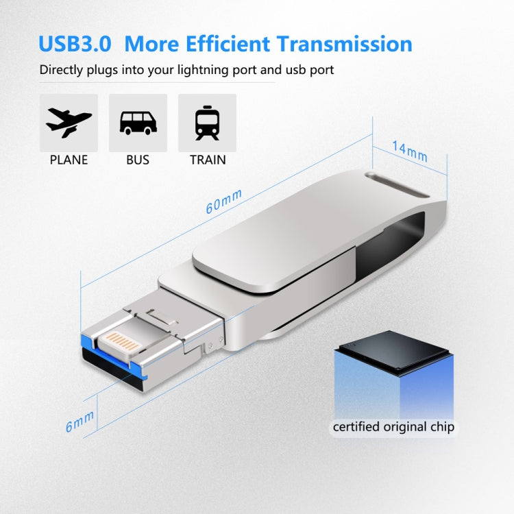 USB 3.0 + 8핀 + USB-C / 타입-C 3-in-1 휴대폰 컴퓨터 메탈 회전형 U-디스크, 32GB, 16GB, 64GB