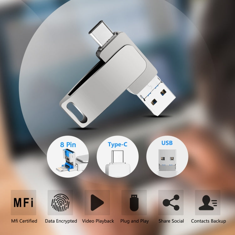 USB 3.0 + 8핀 + USB-C / 타입-C 3-in-1 휴대폰 컴퓨터 메탈 회전형 U-디스크, 32GB, 16GB, 64GB