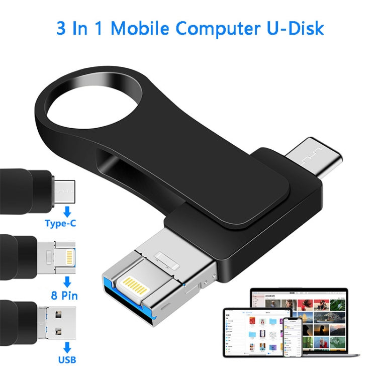 USB 3.0 + 8핀 + USB-C / 타입-C 3-in-1 모바일 컴퓨터 메탈 U-디스크, 8GB, 16GB, 32GB, 64GB