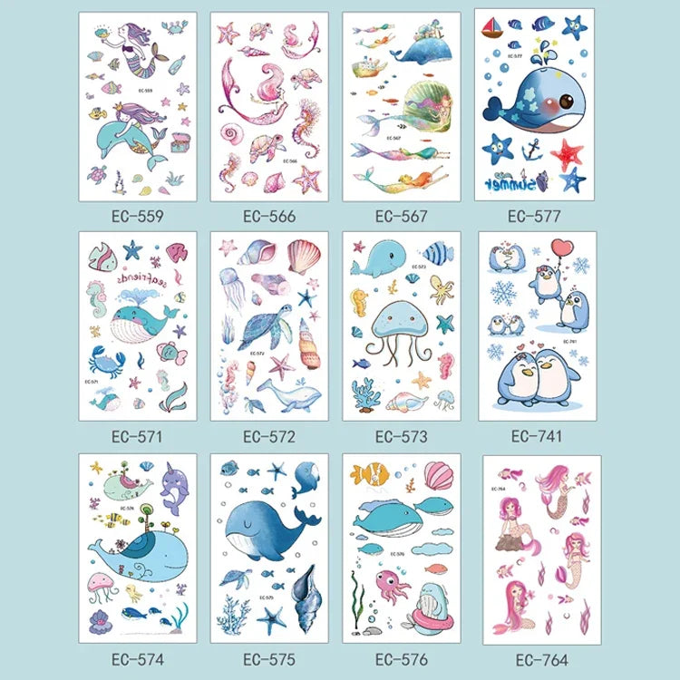 20개 해양 동물 방수 어린이 타투 스티커, EC-559, EC-566, EC-567, EC-571, EC-572, EC-573, EC-574, EC-575, EC-576, EC-577, EC-741, EC-764