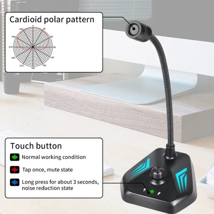 MI520 데스크탑 컴퓨터 구즈넥 콘덴서 마이크, USB 버전 RGB 숨쉬기 램프 포함