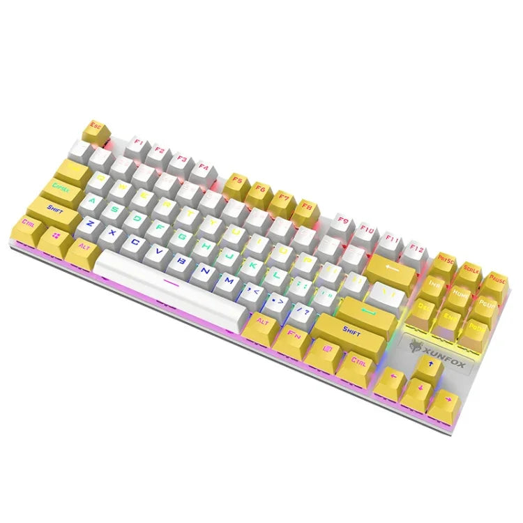 XUNFOX K80 87키 유선 게이밍 기계식 백라이트 키보드, 케이블 길이:1.5m, 화이트 옐로우, 블랙 그레이, 핑크 화이트, 블루 화이트, 화이트 블루, 옐로우 화이트, 그레이 블랙