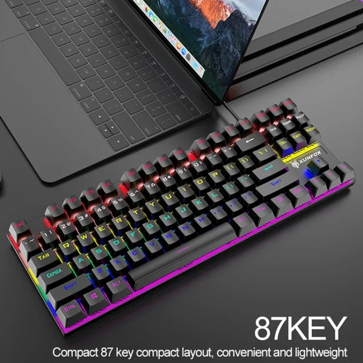 XUNFOX K80 87키 유선 게이밍 기계식 백라이트 키보드, 케이블 길이:1.5m, 화이트 옐로우, 블랙 그레이, 핑크 화이트, 블루 화이트, 화이트 블루, 옐로우 화이트, 그레이 블랙