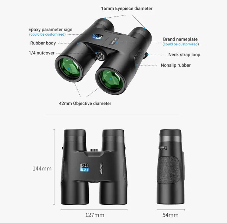 APEXEL 10x42 고정 초점 쌍안경 자동 초점 망원경, APL-RB10X42A