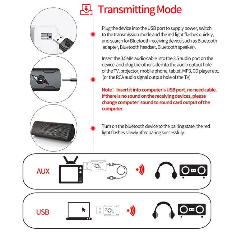 5.0 블루투스 송신기 AUX 수신기 USB 이중 출력 컴퓨터 오디오 어댑터, M136