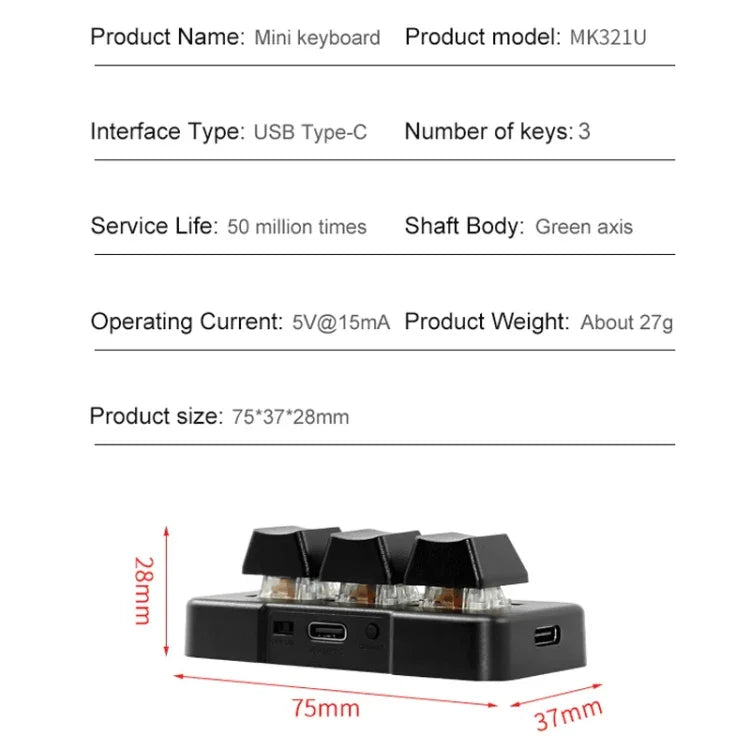 MK321 3키 맞춤 키 게임 오피스 PS 클립 매크로 프로그래밍 키패드, 케이블 길이: 1.5m, 화이트, 블랙