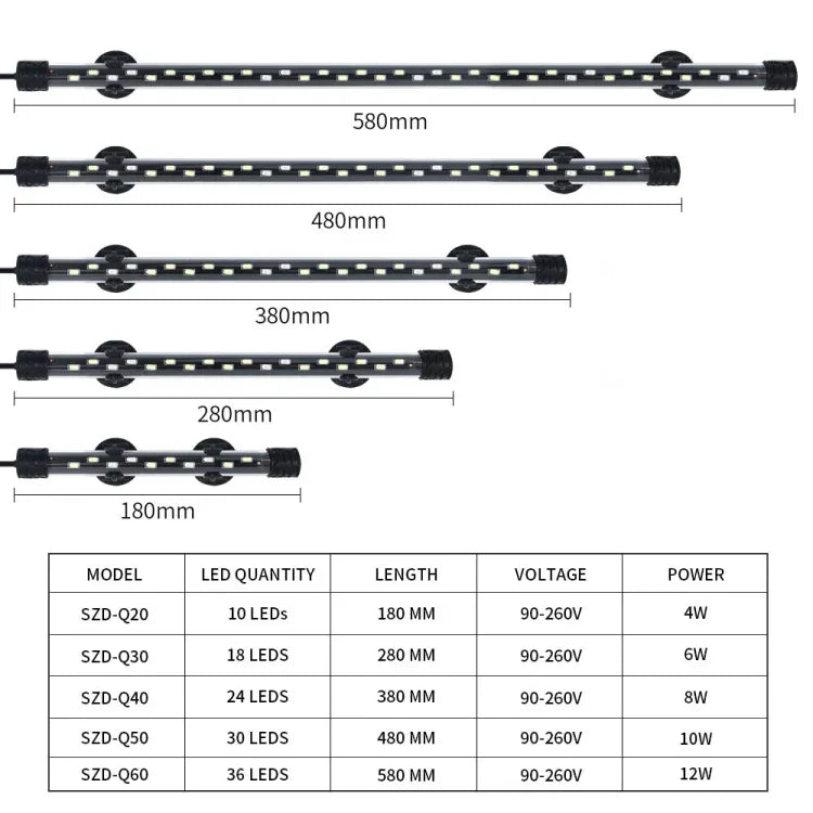 90-260V 아쿠아리움 다이빙 라이트 LED 어항 조명, Q20BW 블루+화이트 라이트, Q30BW 블루+화이트 라이트, Q40BW 블루+화이트 라이트, Q50BW 블루+화이트 라이트, Q60BW 블루+화이트 라이트, Q20CF RGB 라이트, Q30CF RGB 라이트, Q40CF RGB 라이트, Q50CF RGB 라이트