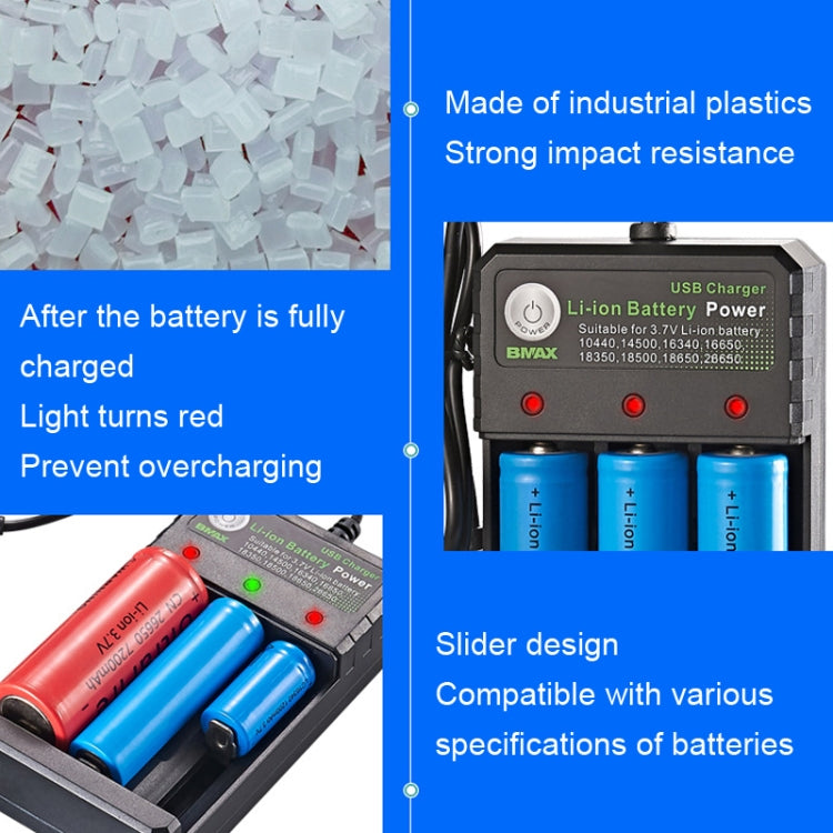 BMAX 18650 3슬롯 USB 충전기 3.7/4.2V 독립 리튬 배터리 충전기, 3슬롯 USB(블랙)