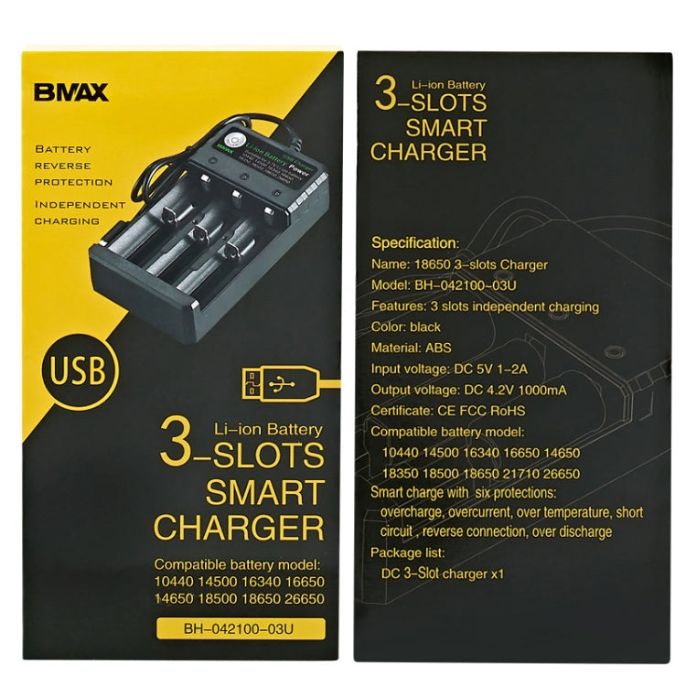 BMAX 18650 3슬롯 USB 충전기 3.7/4.2V 독립 리튬 배터리 충전기, 3슬롯 USB(블랙)