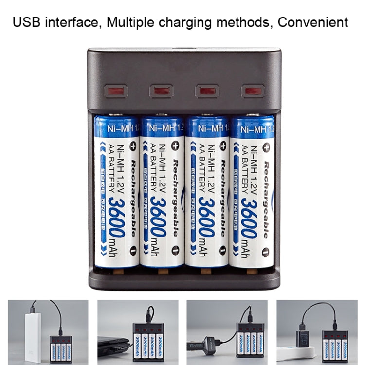 BMAX BH-804U 1.2V AA/AAA 충전식 배터리 독립 4슬롯 USB 충전기, 4슬롯 마이크로 USB(블랙)