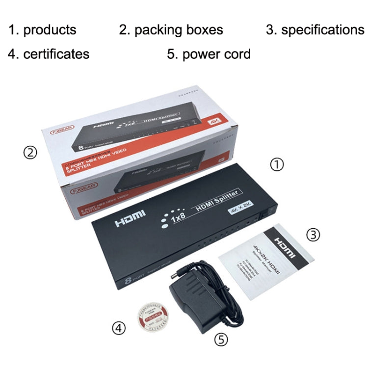 FJGEAR SM4K108 8포트 HDMI 분배기 4K HD 오디오 및 비디오 분배기 EU 플러그, SM4K108