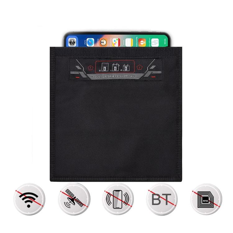 RFID privacy protection bag featuring signal blocking design for mobile phones and tablets, 9.5 x 9.75 inches.