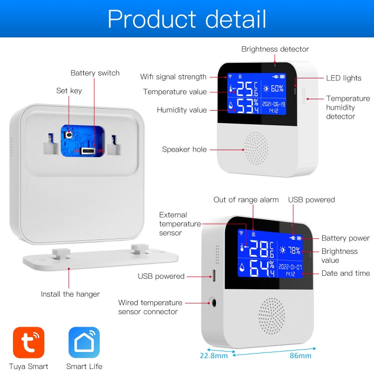 Tuya WIFI 온습도 센서 2.9인치 LCD 디스플레이 포함, 사양: 센서만, 감지선 포함