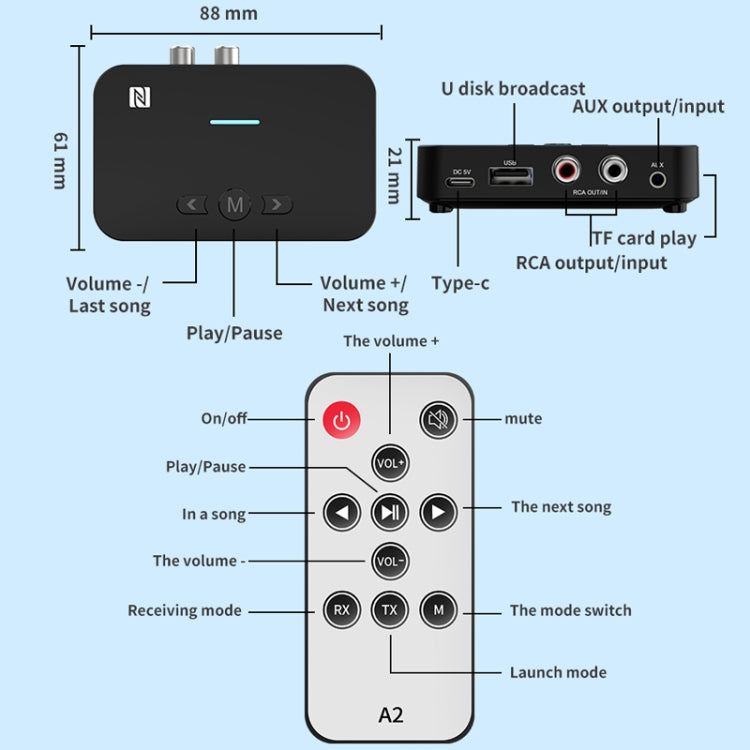 A2 NFC 5.1 블루투스 U 디스크/TF 카드/AUX/RCA 수신 송신기, A2