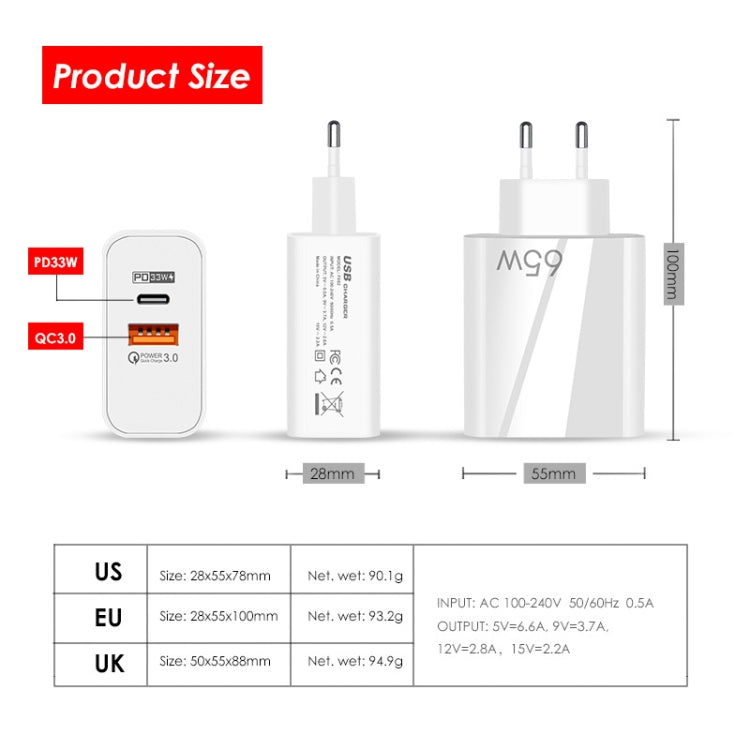 A502 65W USB-C/타입-C+USB 듀얼 포트 GaN 충전기 QC3.0 노트북 범용 충전기, EU 플러그 블랙, EU 플러그 화이트, US 플러그 블랙, US 플러그 화이트, UK 플러그 블랙, UK 플러그 화이트