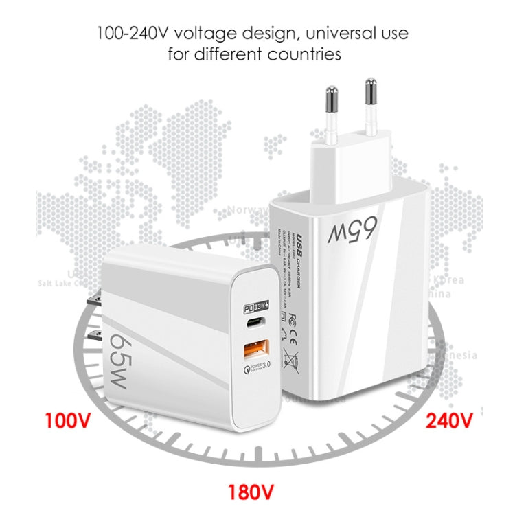 A502 65W USB-C/타입-C+USB 듀얼 포트 GaN 충전기 QC3.0 노트북 범용 충전기, EU 플러그 블랙, EU 플러그 화이트, US 플러그 블랙, US 플러그 화이트, UK 플러그 블랙, UK 플러그 화이트
