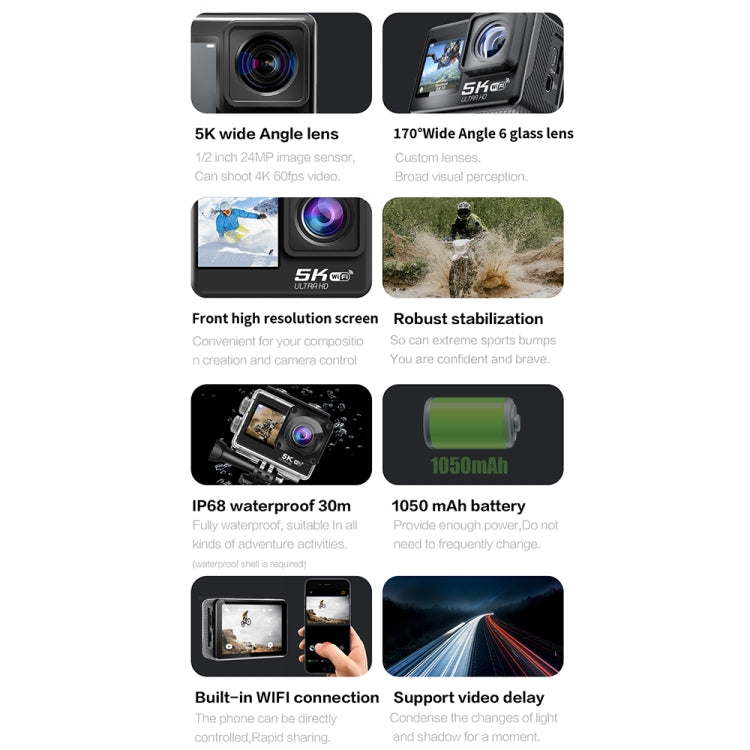 5K/30FPS WIFI HD 손떨림 방지 리모컨 터치 듀얼 스크린 IP68 방수 스포츠 카메라, 5K, 5K 카메라 + 64G 카드, 5K 카메라 + 128G 카드