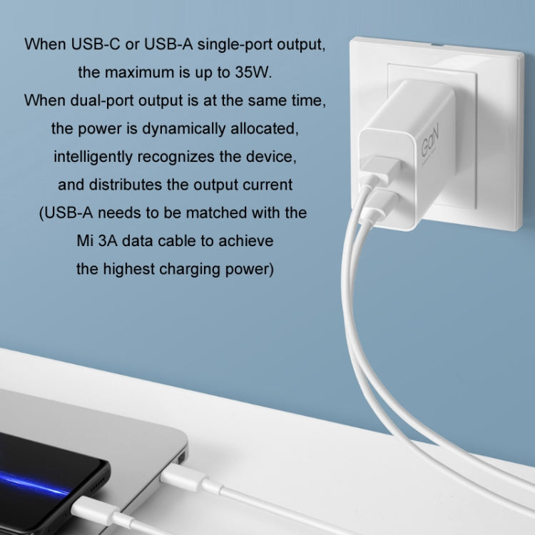 오리지널 샤오미 35W USB-C+USB-A 고속 충전 휴대용 듀얼 포트 충전기(1C+1A), US 플러그, 35W