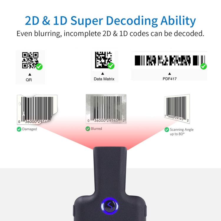 HC101D 2D 블루투스 바코드 스캐너 무선 백 클립 전화 바코드 리더기, 2D 중앙, 2D 측면