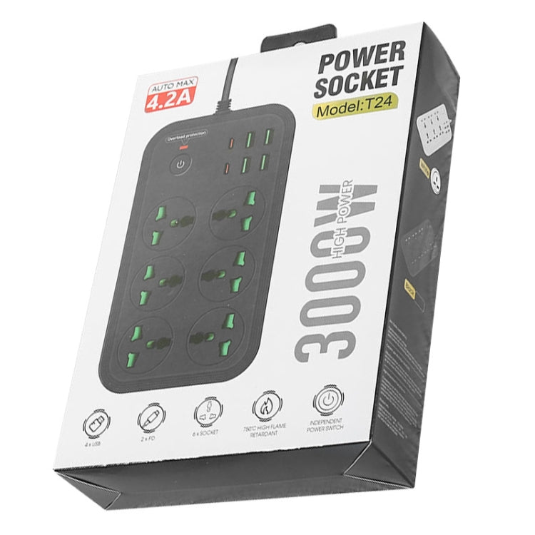 T24 2m 3000W 6구 + PD + 4-USB 포트 다기능 난연 소켓 스위치 포함, UK 플러그, US 플러그