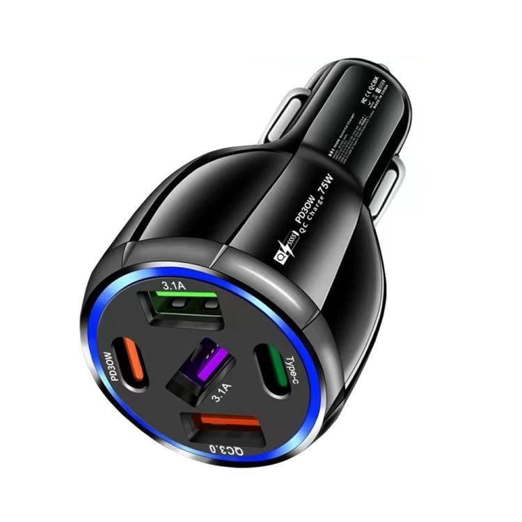 3USB+2PD 75W Dual Line Car Mobile Phone Fast Charging Charger, Black, White