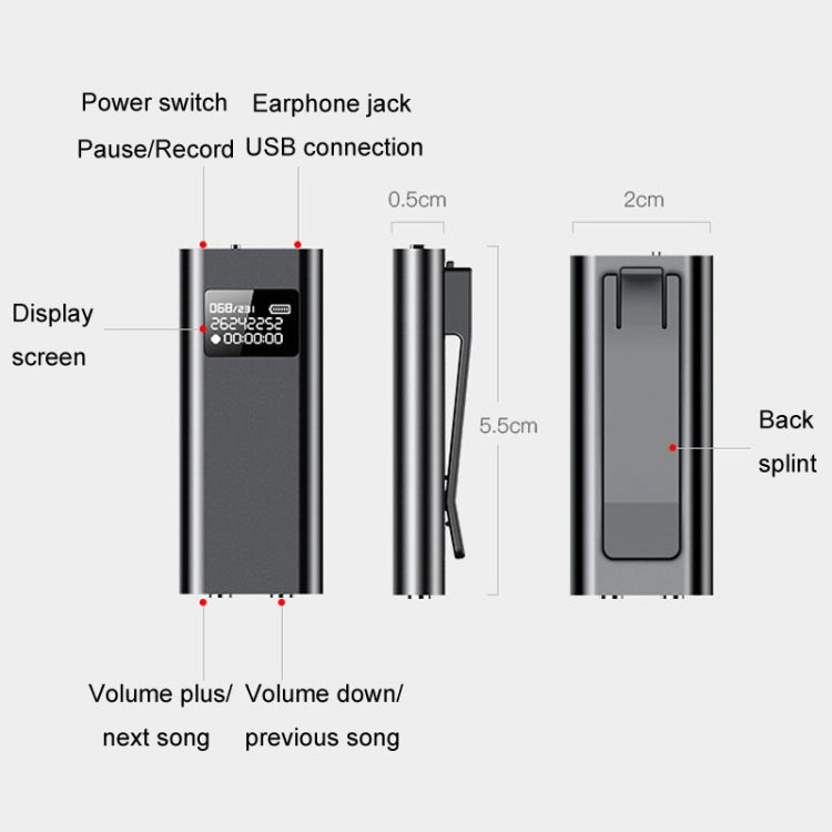 Q25 지능형 음성 녹음기 화면 포함 HD 노이즈 캔슬링 백 클립 음성 리포터, 4GB, 8GB, 16GB, 32GB