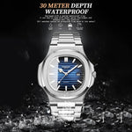 BINBOND B1885 30m Waterproof Retro Luminous Square Men Quartz Watch, Black Steel-Blue-White