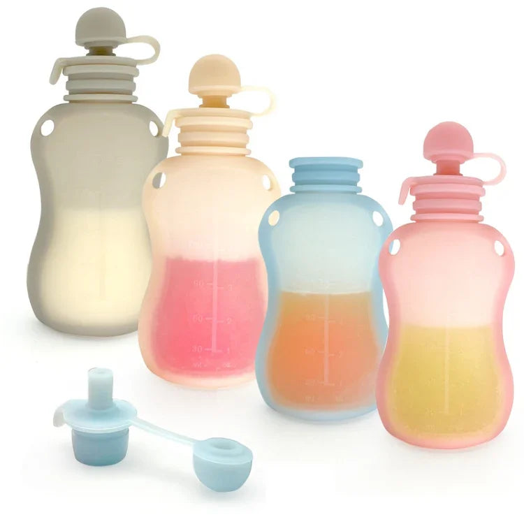 150ml 재사용 가능한 실리콘 아기 음식 파우치 리필 가능한 짜먹기 저장 용기, 150ml 블루, 150ml 핑크, 150ml 베이지