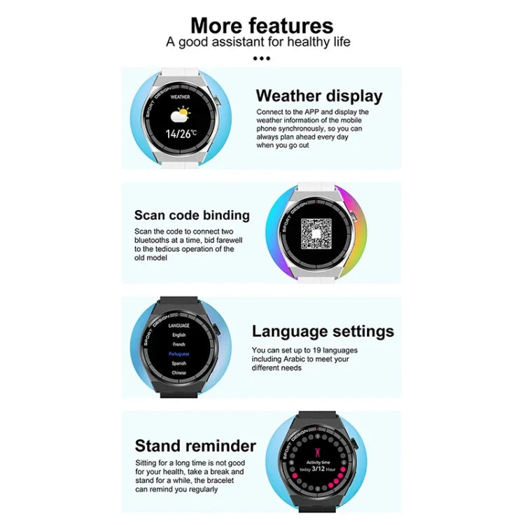 GT3Pro 1.28인치 헬스 모니터링 블루투스 통화 스마트워치 NFC 지원, 블랙 실리콘, 실버 실리콘, 블랙 가죽, 브라운 가죽, 블랙 스틸, 실버 스틸, 블랙 3구 스틸, 실버 3구 스틸