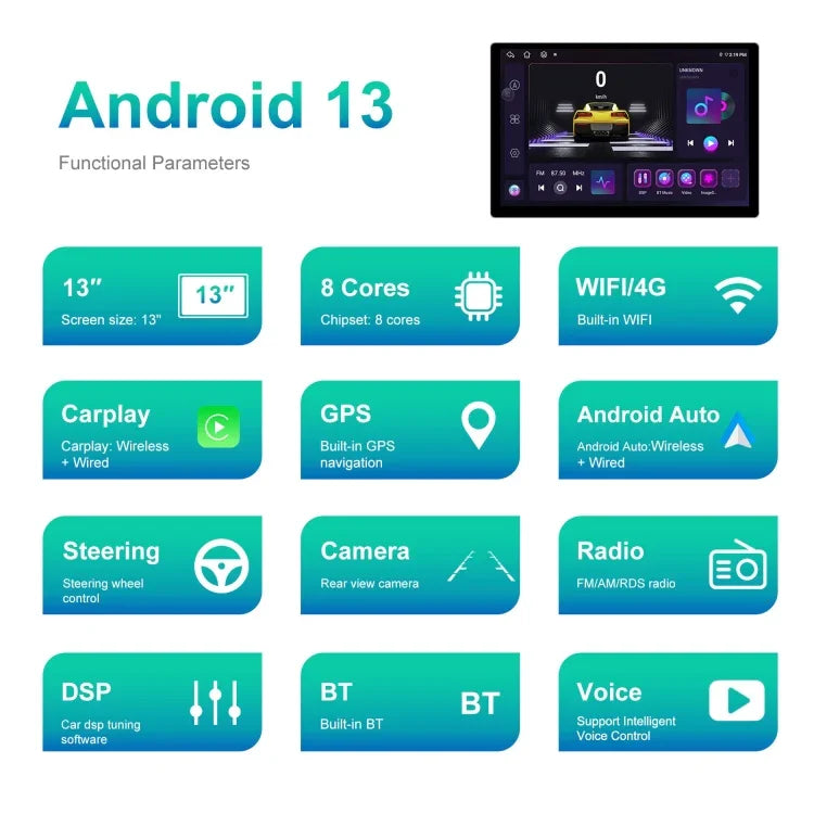 13.1인치 4+64G 안드로이드 대형 화면 내비게이터, 범용 지도 APK / 카플레이 / 후방 카메라, 13.1인치