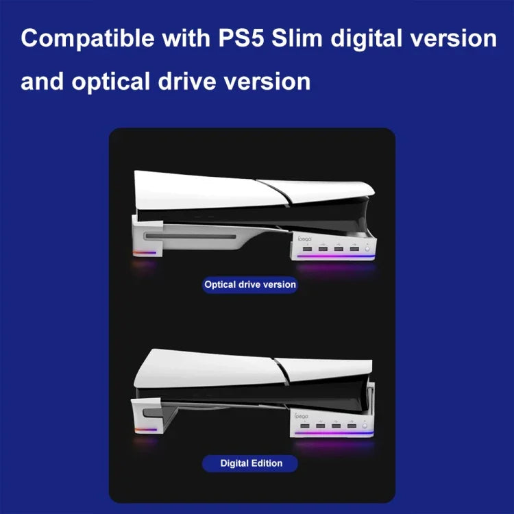 For Sony PS5 Slim IPEGA PG-P5S021 RGB Light Host Horizontal Stand With 4 USB HUBs, White