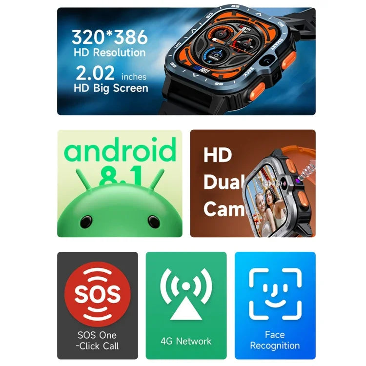 LOKMAT APPLLP 4 MAX 2.02인치 안드로이드 8.1 풀 네트워크 와이파이 카드 블루투스 스마트워치, 4G+64G(실버), 4G+64G(네이비 블루)