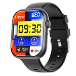F70 smart watch with blood sugar monitoring displaying time and health stats on a colorful screen with a black silicone strap.