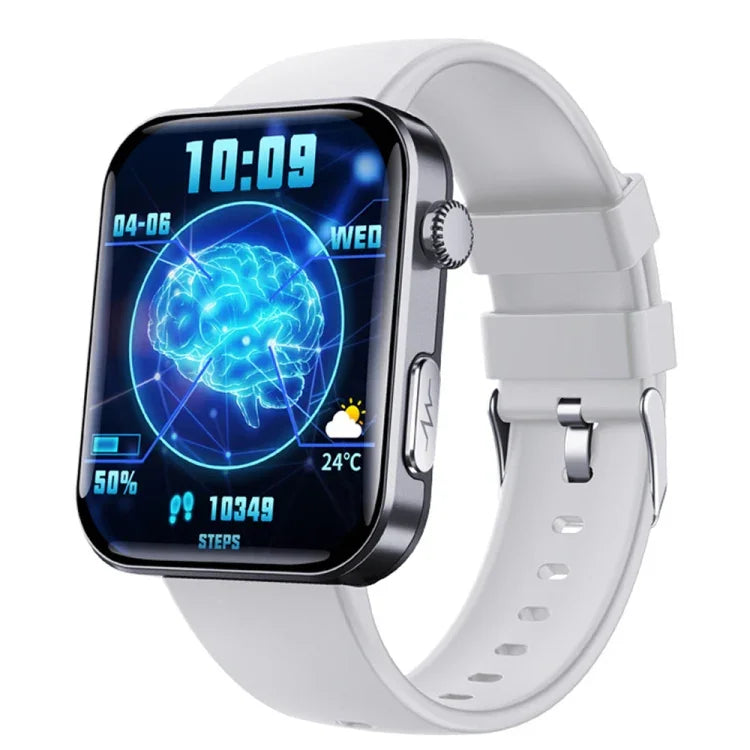 F300 smart watch with ECG and fitness tracking displaying health metrics and step count on a white silicone band.