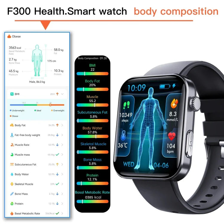 F300 2.1인치 화면 스마트워치 블루투스 통화/ECG/혈액 구성 분석/50+ 스포츠 모드 지원, 블랙 실리콘, 블랙 핑크 실리콘, 블랙 그레이 실리콘, 블랙 밀란, 블랙 3구 스틸, 블랙 가죽, 블랙 브라운 가죽