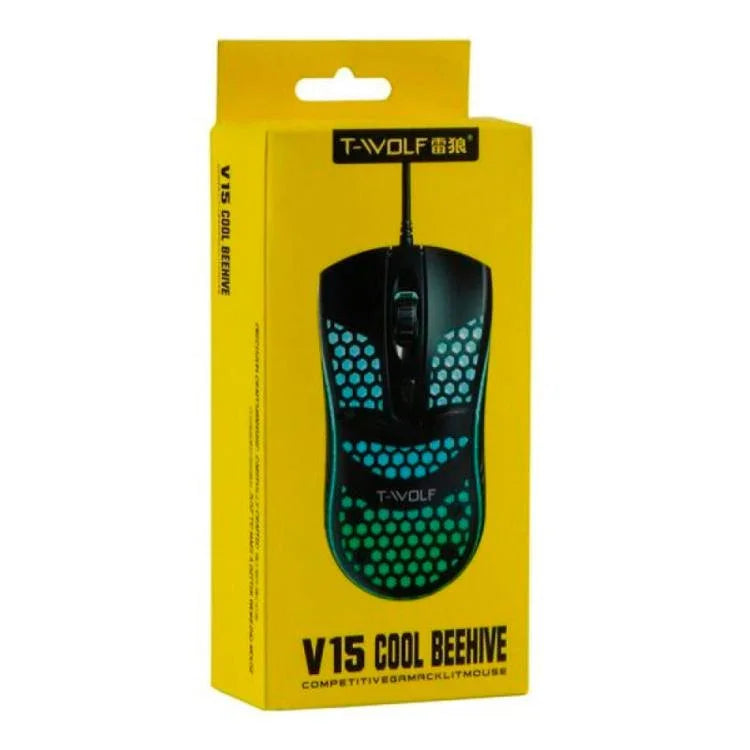 T-WOLF V15 벌집형 유선 USB 게이밍 마우스 RGB 조명 인체공학적 홀로우 디자인 PC 사무실 가정용