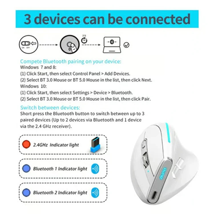 ZELOTES F36 9키 수직 그립 인체공학 프로그래밍 듀얼 블루투스 + 2.4G 무선 마우스, F36 (화이트), F36 (블랙)