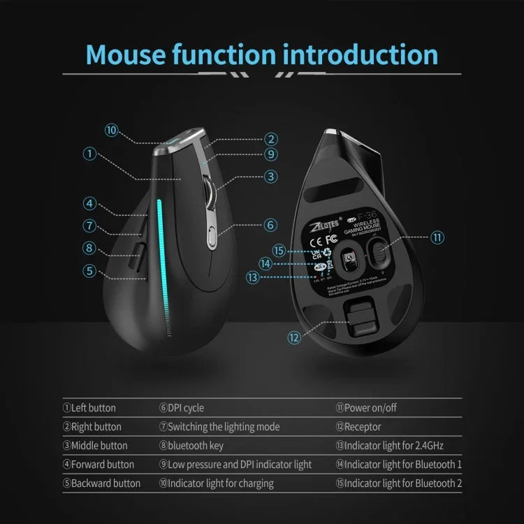 ZELOTES F36 9키 수직 그립 인체공학 프로그래밍 듀얼 블루투스 + 2.4G 무선 마우스, F36 (화이트), F36 (블랙)