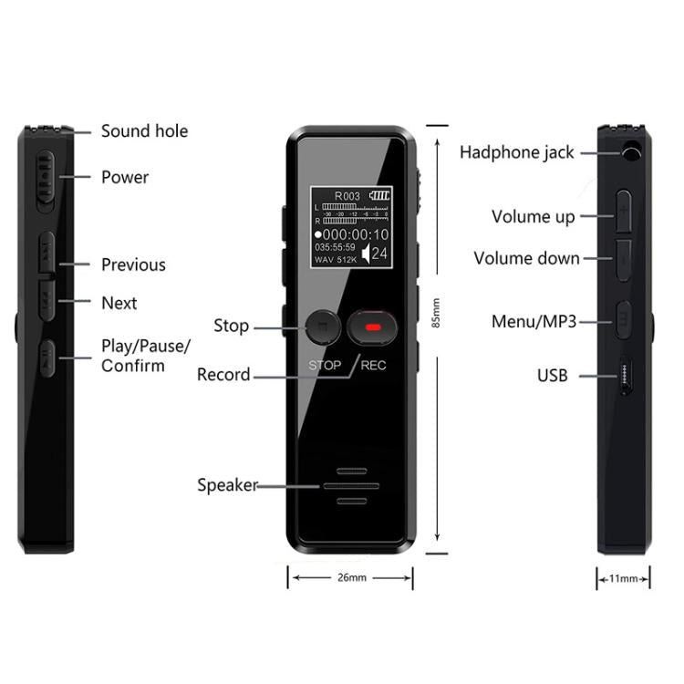 0.9인치 LCD 화면 인터뷰 미니 HD 녹음기 USB 충전 MP3 플레이어, 8GB, 16GB, 32GB, 64GB