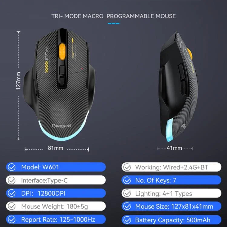 MKESPN W601 무음 무선 트라이 모드 매크로 게이밍 마우스 카본 파이버 12800DPI 블루투스 마우스