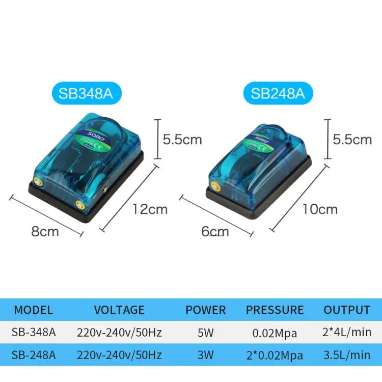 220-240V 투명 초저소음 아쿠아리움 에어 펌프, SOBO SB-248A 3W 단일 구멍, SOBO SB-348A 5W 이중 구멍