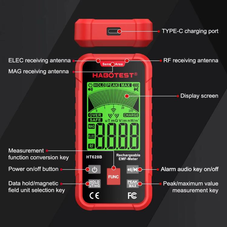 HABOTEST HT628B 다중 필드 EMF 미터 충전식 전자기 방사선 측정기, HT628B