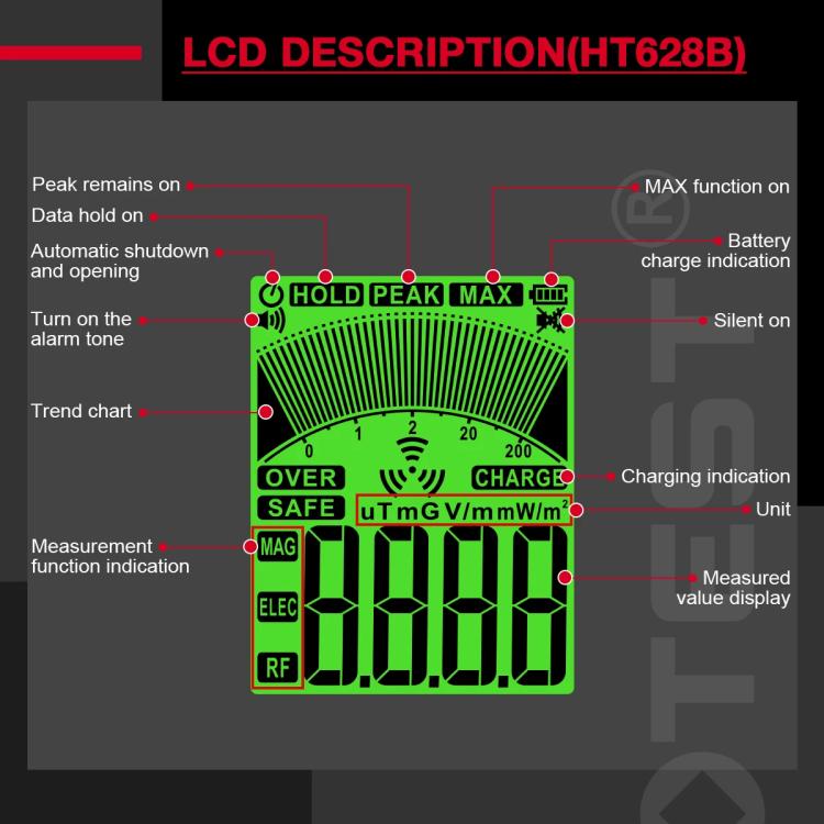 HABOTEST HT628B 다중 필드 EMF 미터 충전식 전자기 방사선 측정기, HT628B