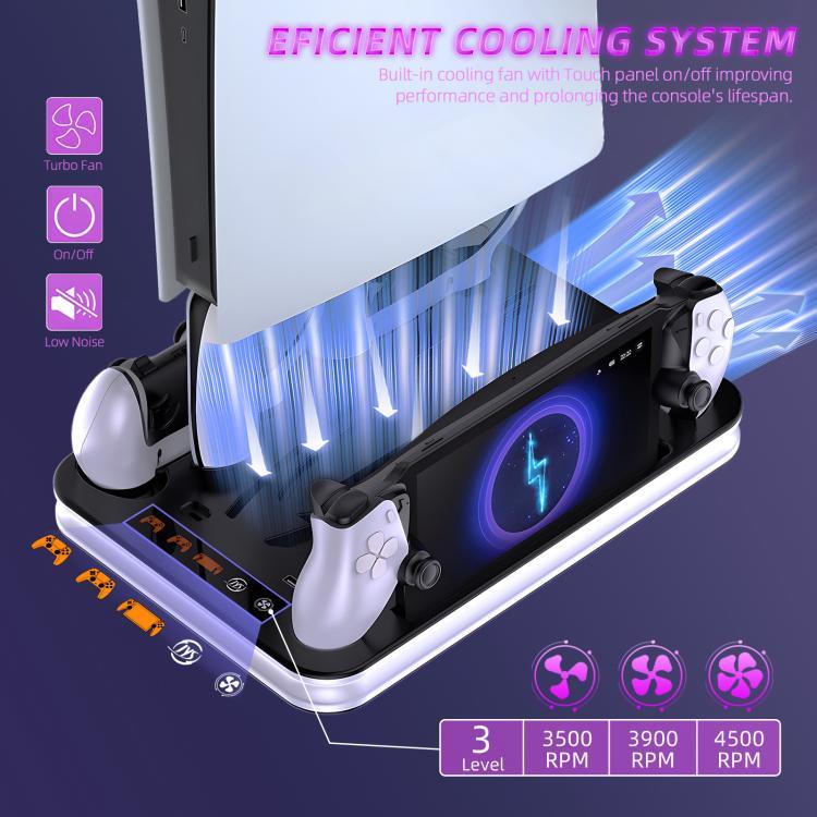 JYS PS5/PS5 Slim/PS Portal 듀얼 컨트롤러 도킹 충전 스테이션 쿨링 팬 및 헤드폰 걸이 포함