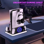 JYS PS5/PS5 Slim/PS Portal 듀얼 컨트롤러 도킹 충전 스테이션 쿨링 팬 및 헤드폰 걸이 포함
