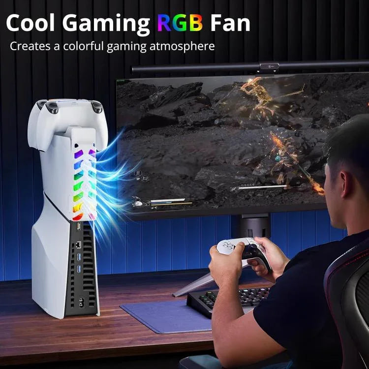 PS5 Slim 컨트롤러용 2-in-1 충전 스테이션 쿨링 팬 RGB 조명 포함