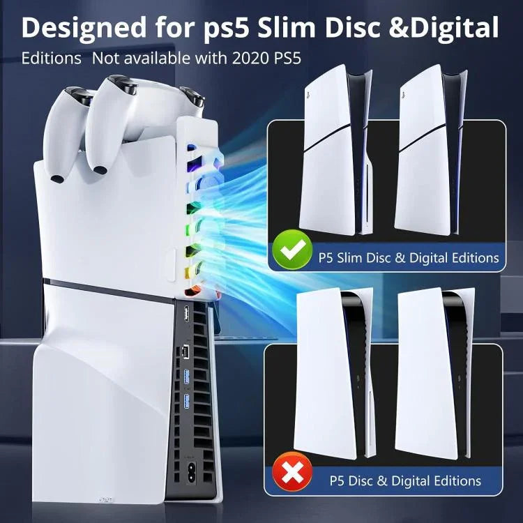 PS5 Slim 컨트롤러용 2-in-1 충전 스테이션 쿨링 팬 RGB 조명 포함