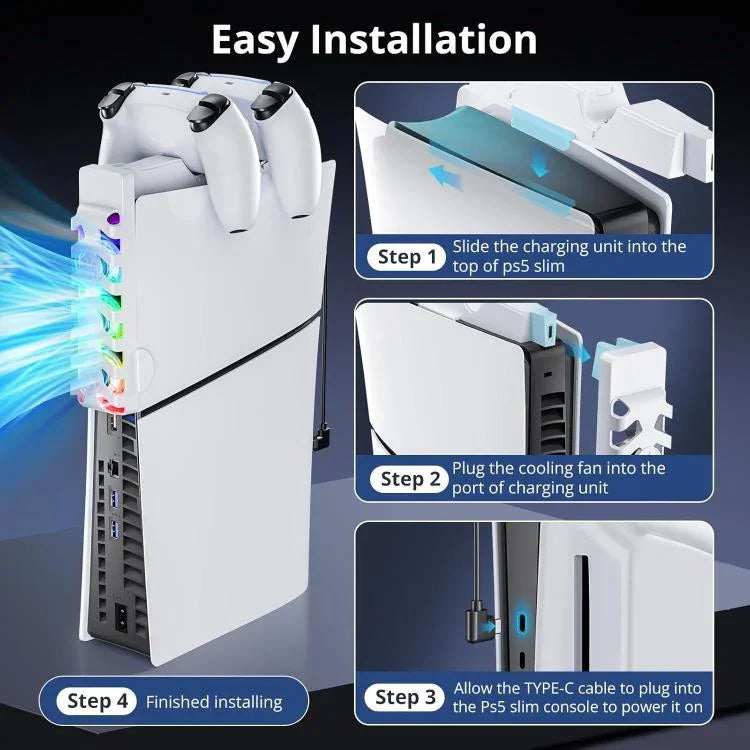 PS5 Slim 컨트롤러용 2-in-1 충전 스테이션 쿨링 팬 RGB 조명 포함