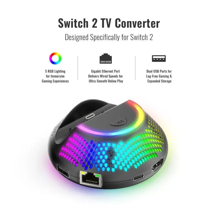 닌텐도 스위치 2용 JYS 4K 60Hz TV 도크 5-in-1 허브 기가비트 이더넷 포트 RGB 앰비언트 조명 포함, JYS